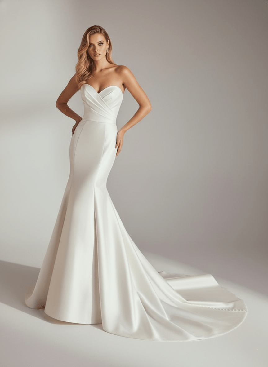 Strapless Mermaid Wedding Dress Satin Sweetheart Fitted Bridal Gown Elegant Train - Wedding Dress - SilqueBridal