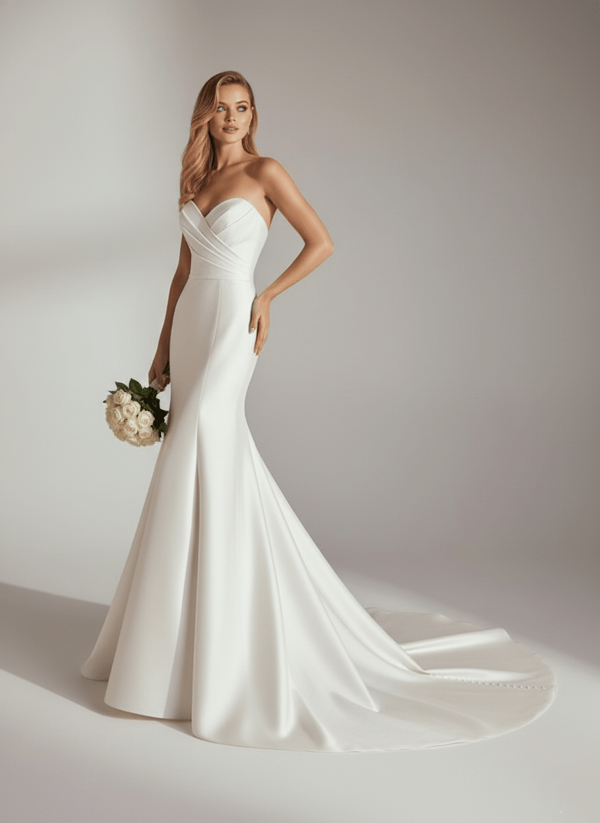 Strapless Mermaid Wedding Dress Satin Sweetheart Fitted Bridal Gown Elegant Train - Wedding Dress - SilqueBridal