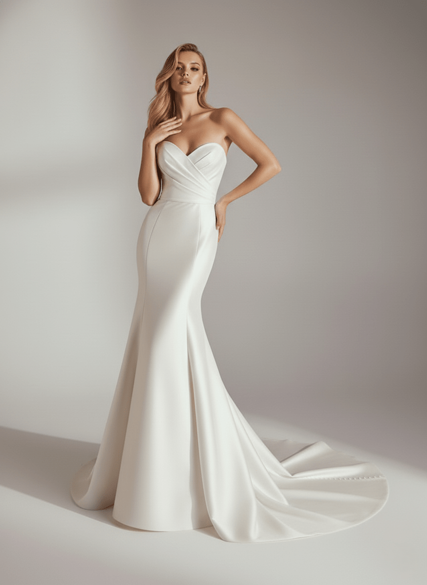 Strapless Mermaid Wedding Dress Satin Sweetheart Fitted Bridal Gown Elegant Train - Wedding Dress - SilqueBridal