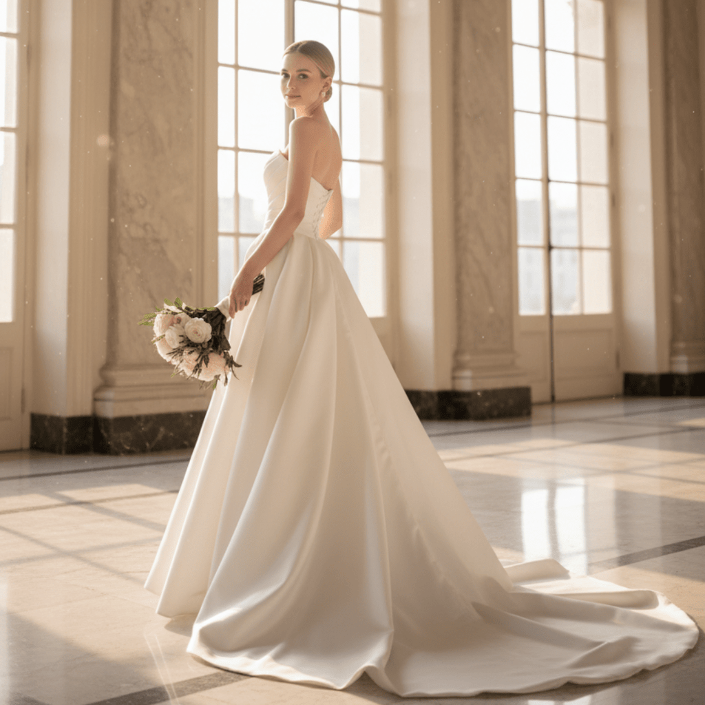 Strapless Satin Ball Gown with Draped Corset – Timeless Modern Romance | Silque Bridal - Wedding Dress - SilqueBridal