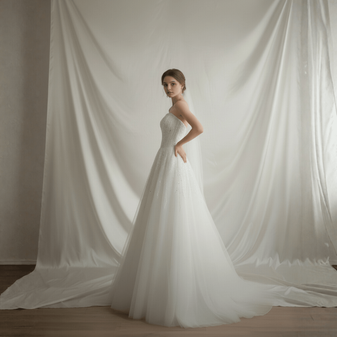 Strapless Sparkle A - Line Wedding Dress – Elegant Beaded Tulle Bridal Gown | Silque Bridal - Wedding Dress - SilqueBridal