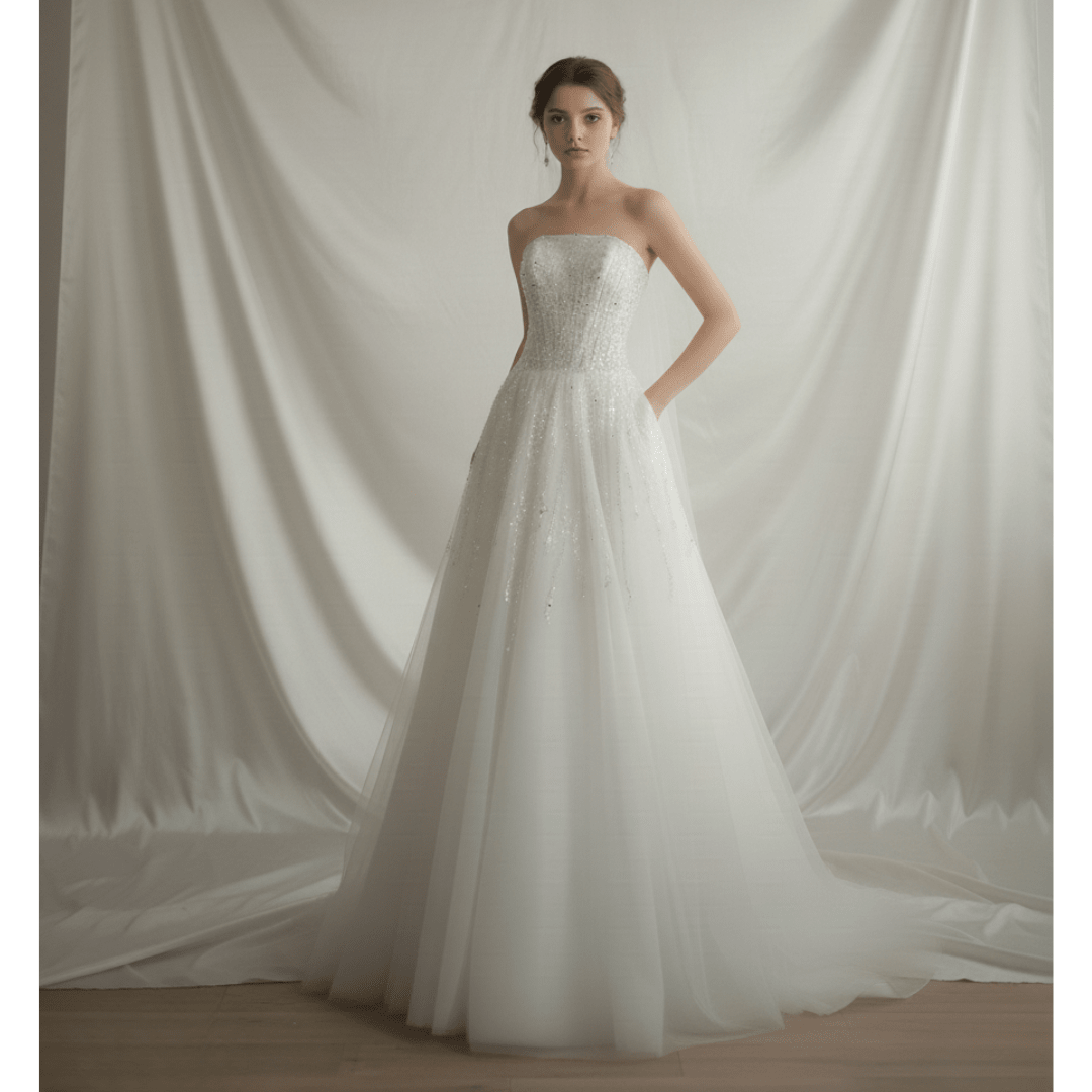 Strapless Sparkle A - Line Wedding Dress – Elegant Beaded Tulle Bridal Gown | Silque Bridal - Wedding Dress - SilqueBridal
