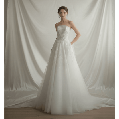 Strapless Sparkle A - Line Wedding Dress – Elegant Beaded Tulle Bridal Gown | Silque Bridal - Wedding Dress - SilqueBridal