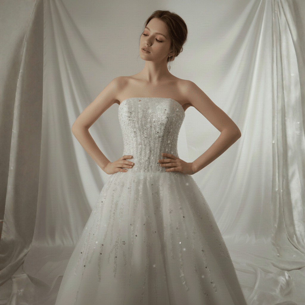 Strapless Sparkle A - Line Wedding Dress – Elegant Beaded Tulle Bridal Gown | Silque Bridal - Wedding Dress - SilqueBridal