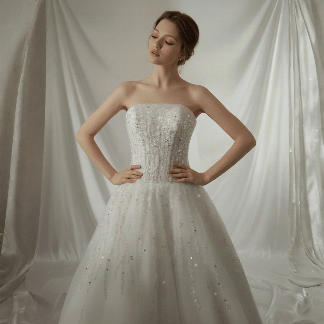 Strapless Sparkle A - Line Wedding Dress – Elegant Beaded Tulle Bridal Gown | Silque Bridal - Wedding Dress - SilqueBridal