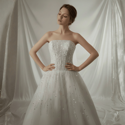 Strapless Sparkle A - Line Wedding Dress – Elegant Beaded Tulle Bridal Gown | Silque Bridal - Wedding Dress - SilqueBridal