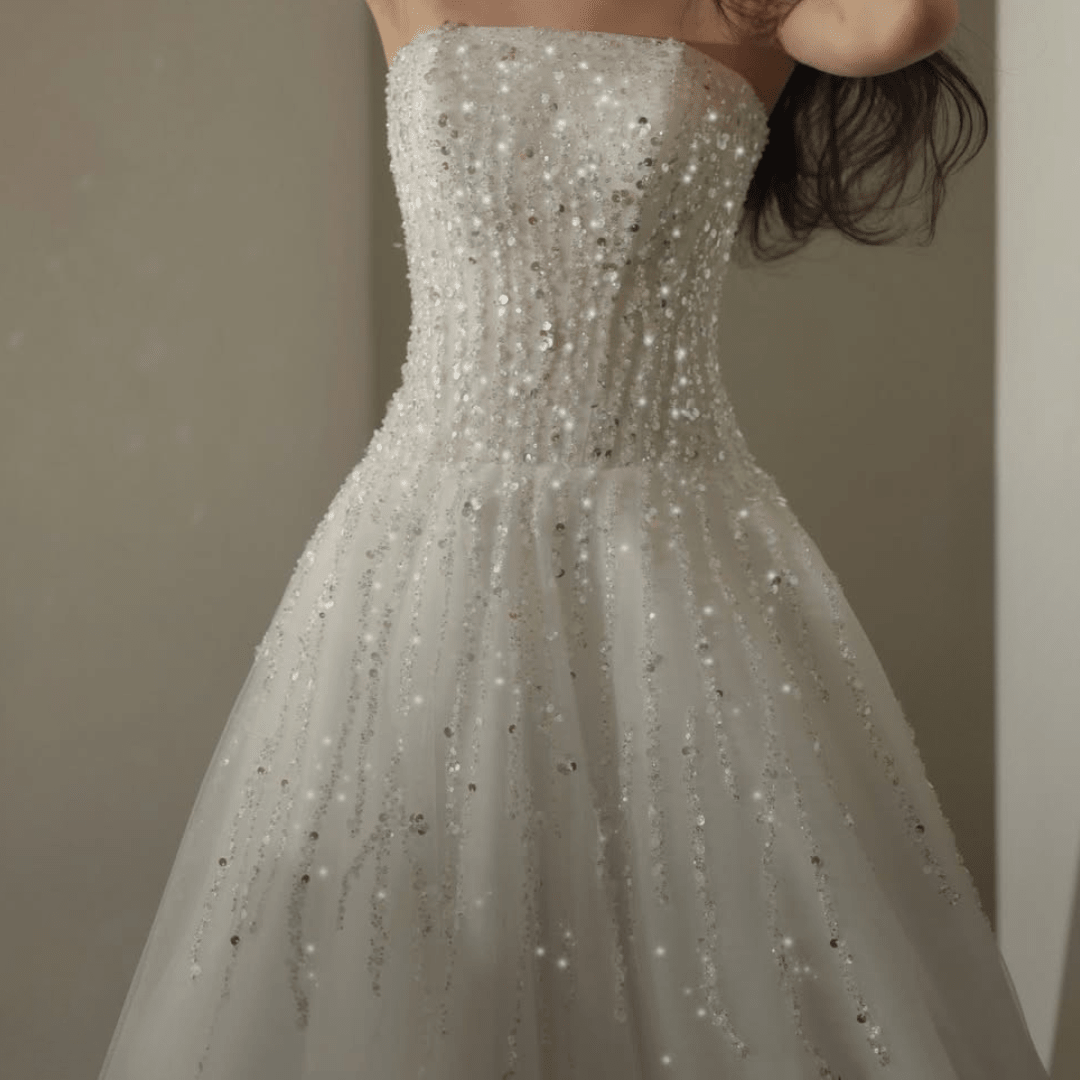 Strapless Sparkle A - Line Wedding Dress – Elegant Beaded Tulle Bridal Gown | Silque Bridal - Wedding Dress - SilqueBridal
