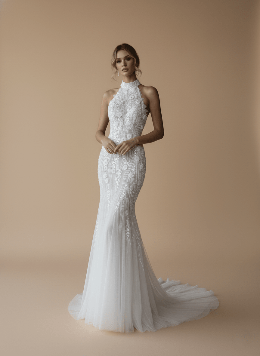 The Aria Gown - Embellished High Neck Halter Mermaid Wedding Dress - Wedding Dress - SilqueBridal