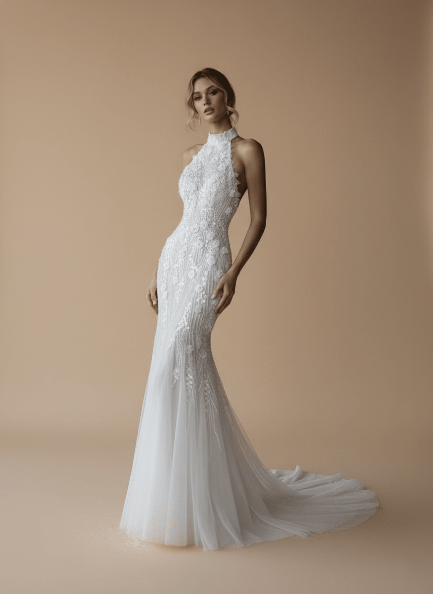 The Aria Gown - Embellished High Neck Halter Mermaid Wedding Dress - Wedding Dress - SilqueBridal