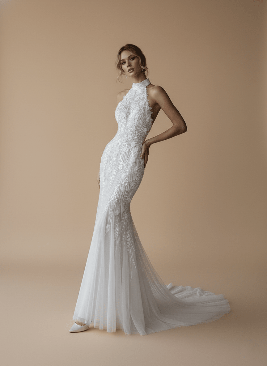 The Aria Gown - Embellished High Neck Halter Mermaid Wedding Dress - Wedding Dress - SilqueBridal