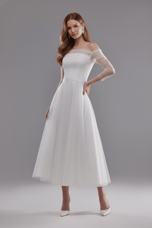 The Audrey Gown - Off - The - Shoulder Tulle Midi Wedding Dress - Wedding Dress - SilqueBridal