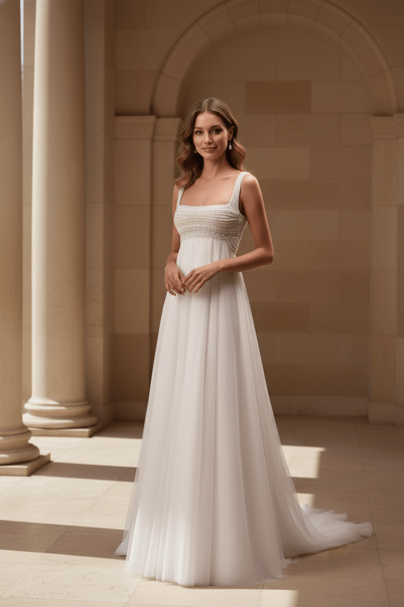 The Calliope Gown - Pearl Embellished Empire Waist Tulle Wedding Dress - Wedding Dress - SilqueBridal