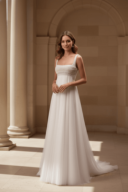 The Calliope Gown - Pearl Embellished Empire Waist Tulle Wedding Dress - Wedding Dress - SilqueBridal