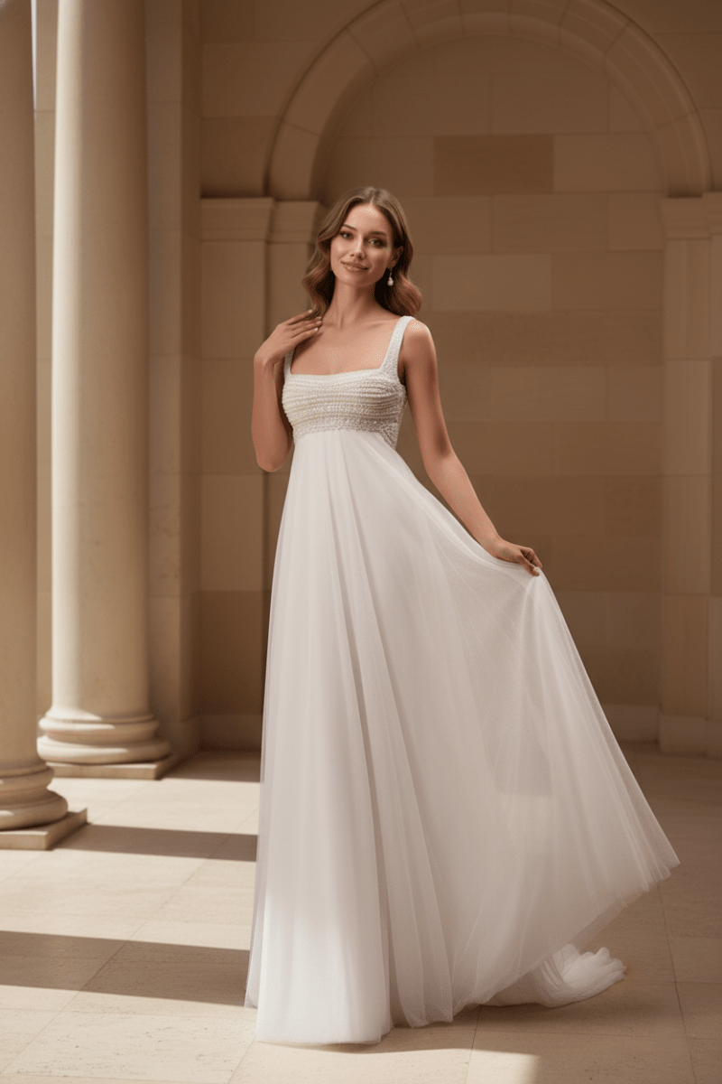 The Calliope Gown - Pearl Embellished Empire Waist Tulle Wedding Dress - Wedding Dress - SilqueBridal