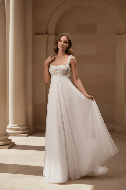 The Calliope Gown - Pearl Embellished Empire Waist Tulle Wedding Dress - Wedding Dress - SilqueBridal