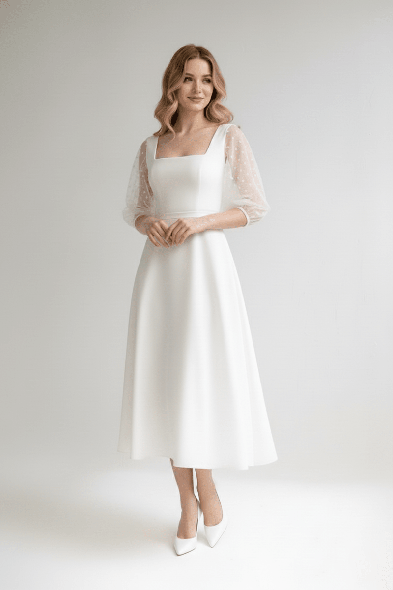 The Clara Gown - Swiss Dot Puff Sleeve Midi Wedding Dress - Wedding Dress - SilqueBridal