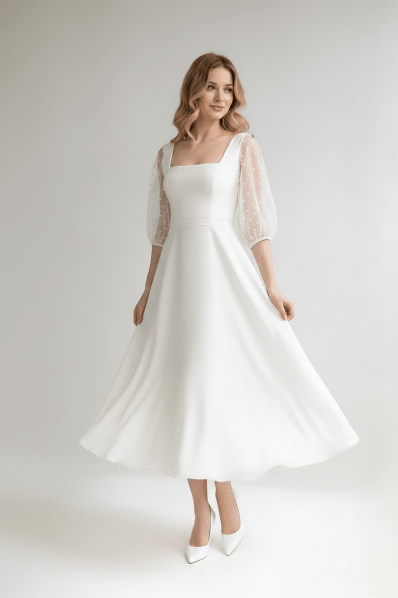 The Clara Gown - Swiss Dot Puff Sleeve Midi Wedding Dress - Wedding Dress - SilqueBridal