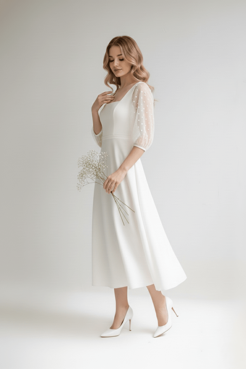 The Clara Gown - Swiss Dot Puff Sleeve Midi Wedding Dress - Wedding Dress - SilqueBridal