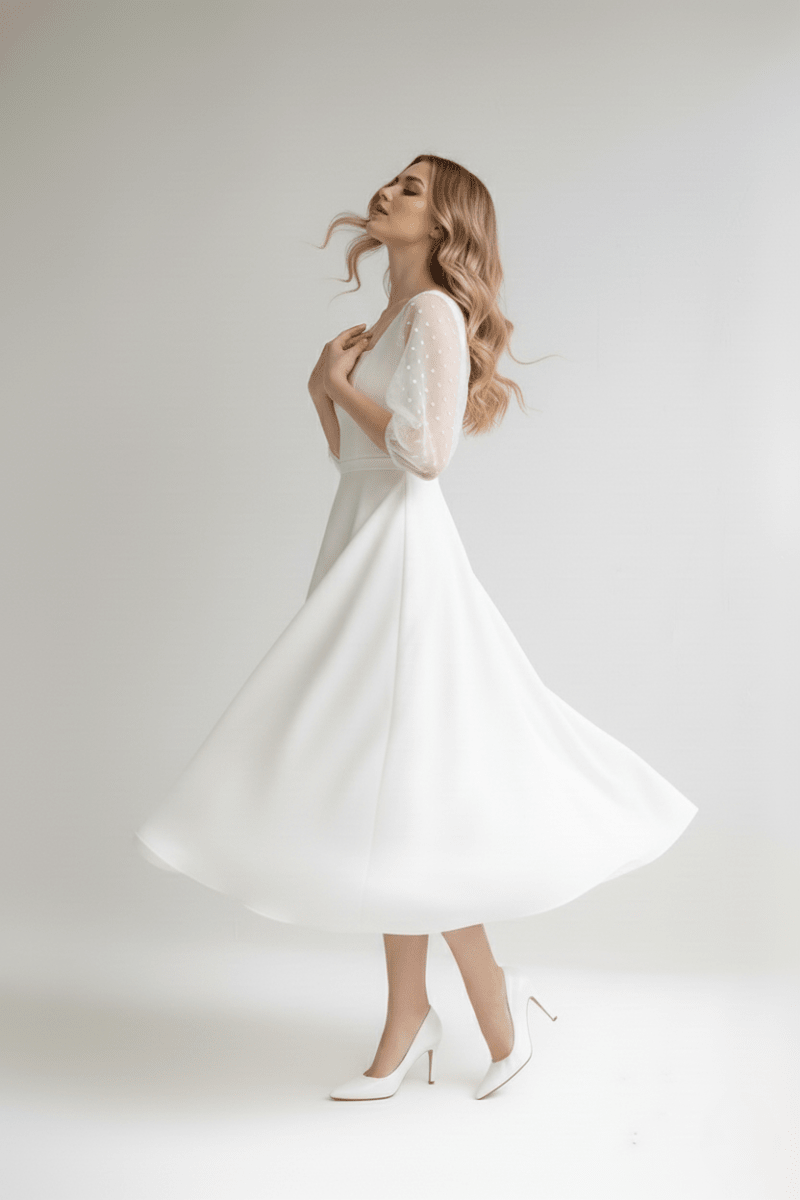The Clara Gown - Swiss Dot Puff Sleeve Midi Wedding Dress - Wedding Dress - SilqueBridal