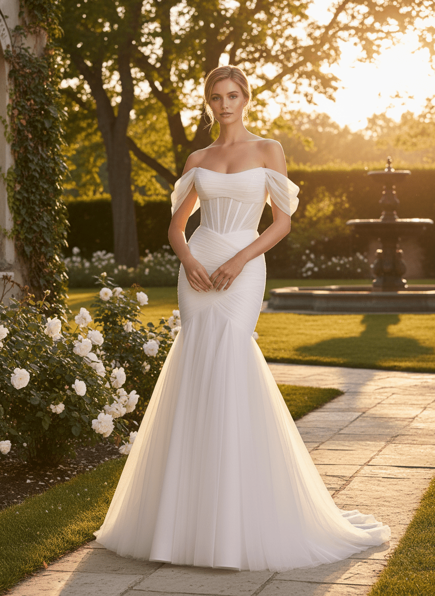 The Elara Gown - Off - The - Shoulder Ruched Tulle Mermaid Wedding Dress - Wedding Dress - SilqueBridal
