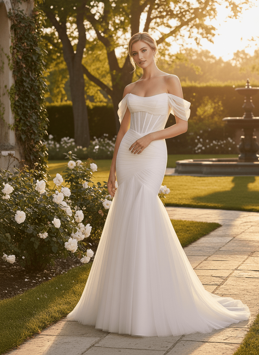 The Elara Gown - Off - The - Shoulder Ruched Tulle Mermaid Wedding Dress - Wedding Dress - SilqueBridal