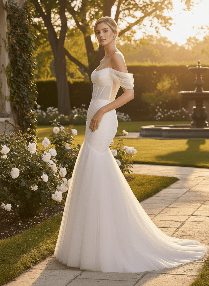 The Elara Gown - Off - The - Shoulder Ruched Tulle Mermaid Wedding Dress - Wedding Dress - SilqueBridal