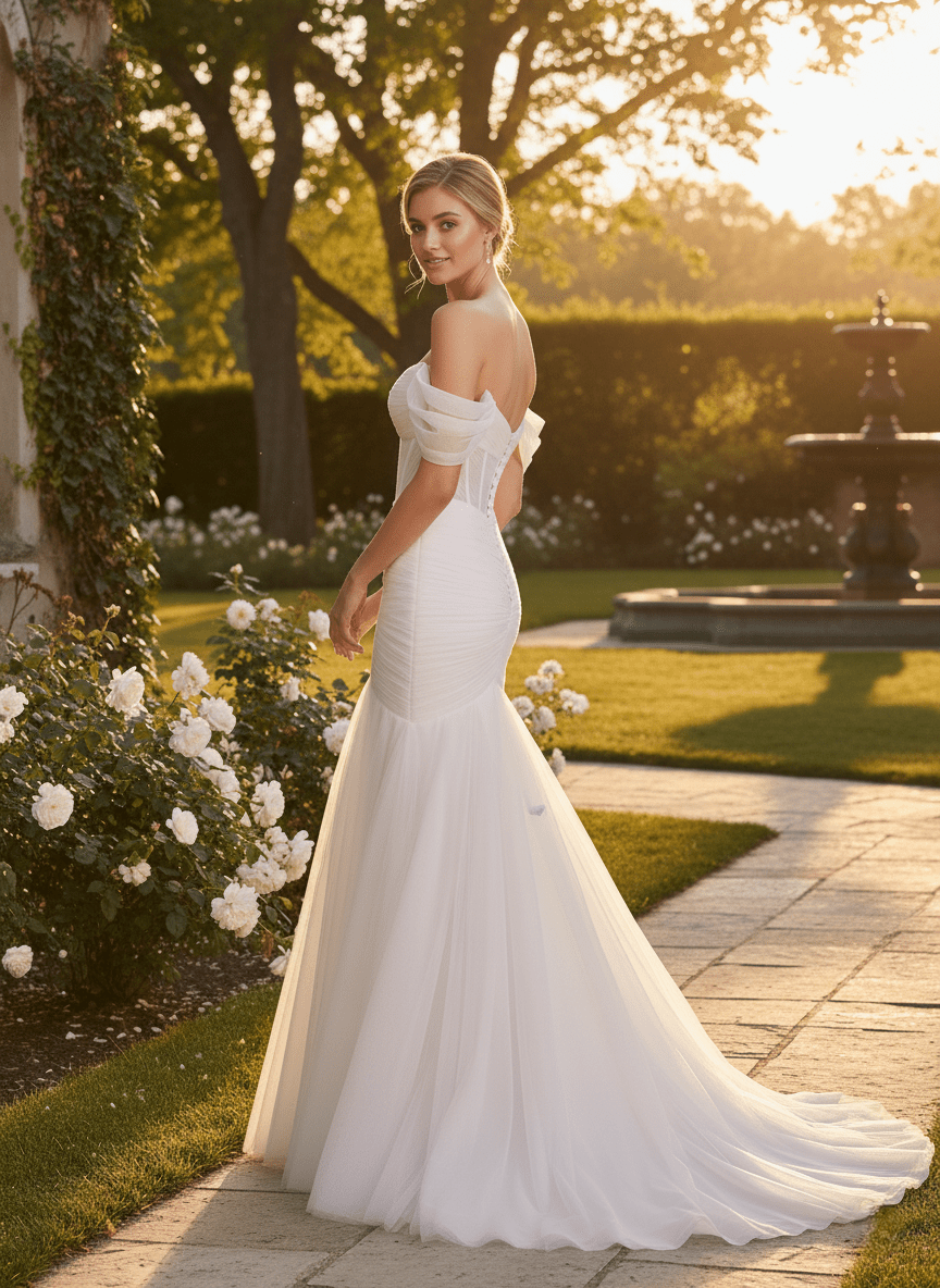 The Elara Gown - Off - The - Shoulder Ruched Tulle Mermaid Wedding Dress - Wedding Dress - SilqueBridal