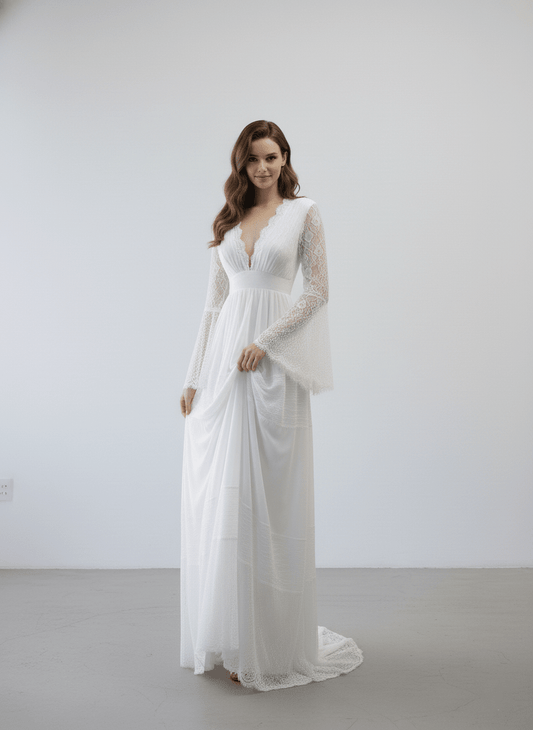 The Freya Gown - Plunging V - Neck Boho Lace Bell Sleeve Wedding Dress - Wedding Dress - SilqueBridal