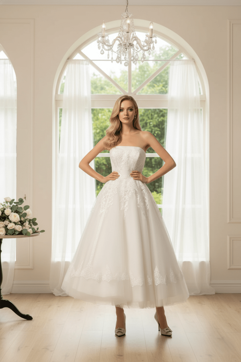 Strapless Lace Tea-Length Wedding Dress | Corset Back
