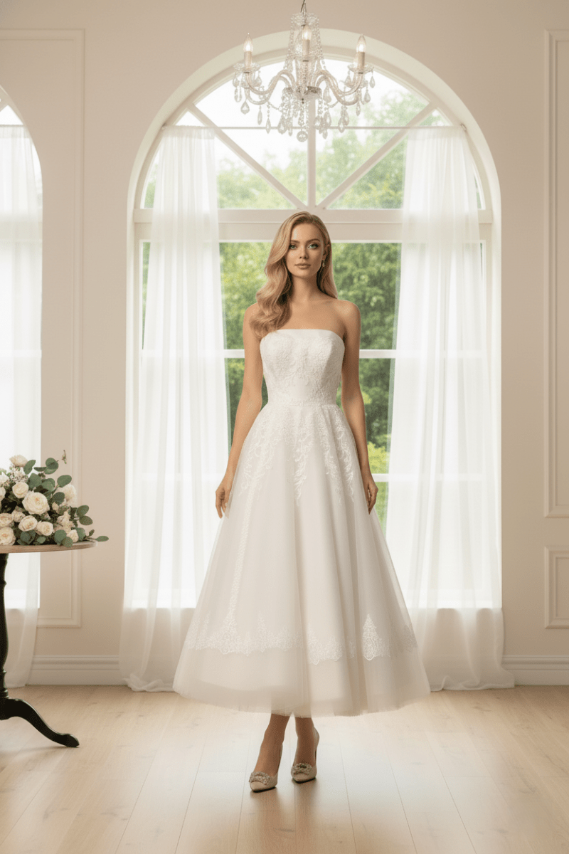 The Grace Gown - Strapless Lace Tea - Length Wedding Dress - Wedding Dress - SilqueBridal
