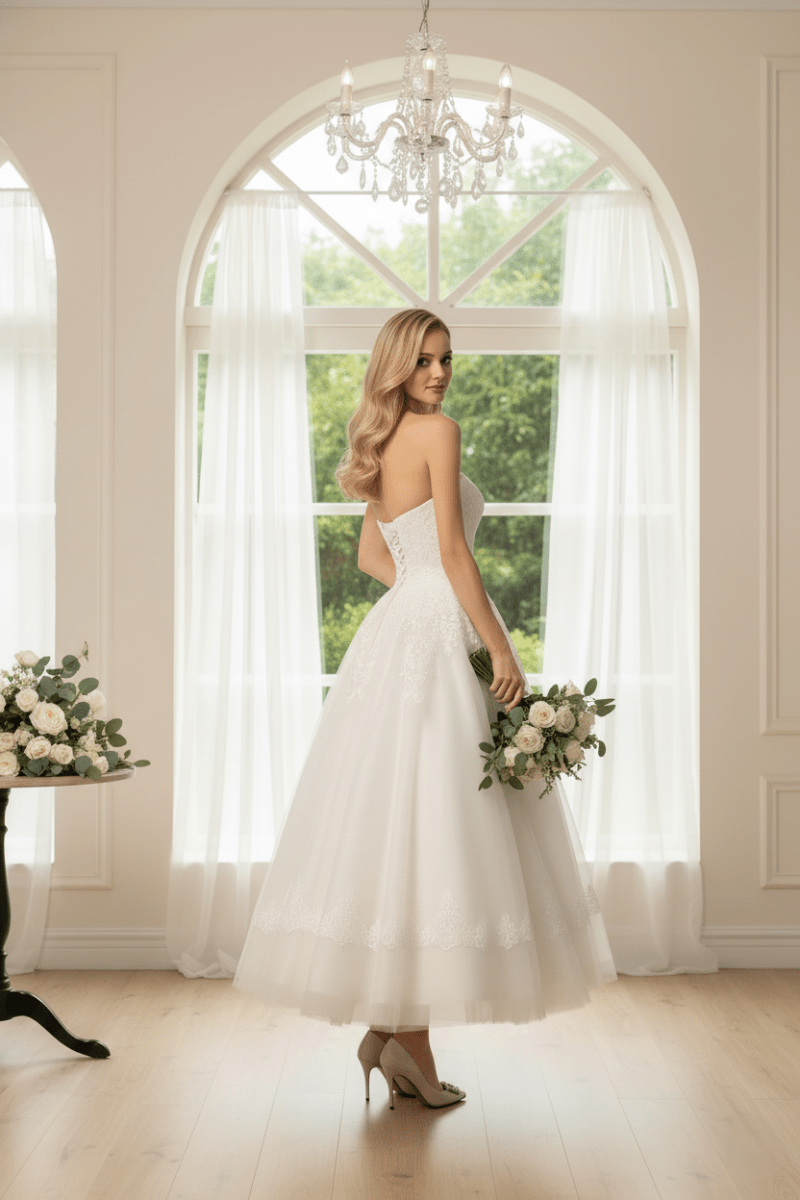 The Grace Gown - Strapless Lace Tea - Length Wedding Dress - Wedding Dress - SilqueBridal
