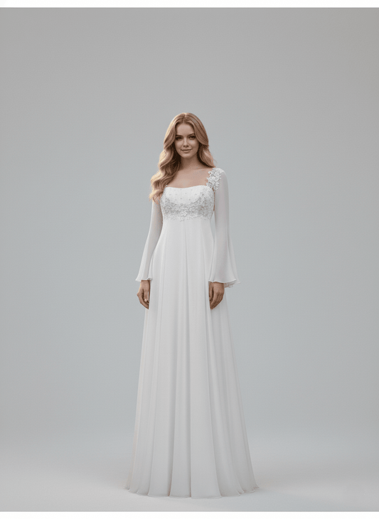 The Willow Gown - Boho Long Bell Sleeve Empire Waist Wedding Dress - Wedding Dress - SilqueBridal