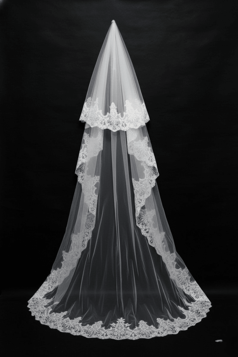 Two - Tier Lace Wedding Veil – Classic Embroidered Chapel Veil | Silque - Wedding Accessories - SilqueBridal