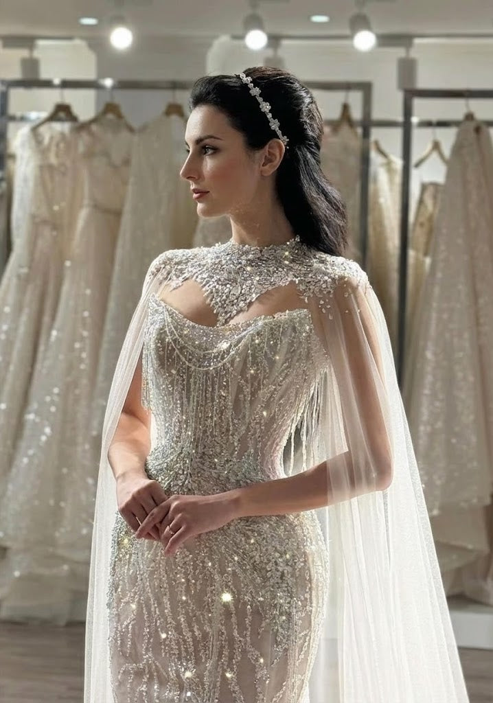 Couture Beaded High-Neck Sheath Wedding Dress with Crystal Cape