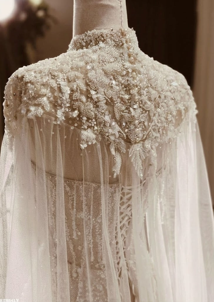 Couture Beaded High-Neck Sheath Wedding Dress with Crystal Cape