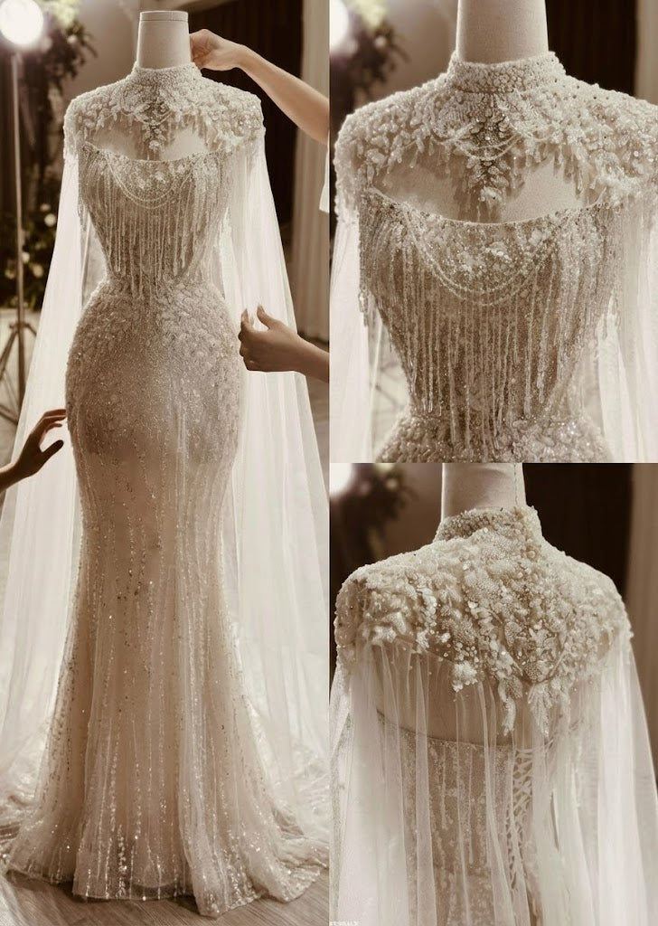 Couture Beaded High-Neck Sheath Wedding Dress with Crystal Cape