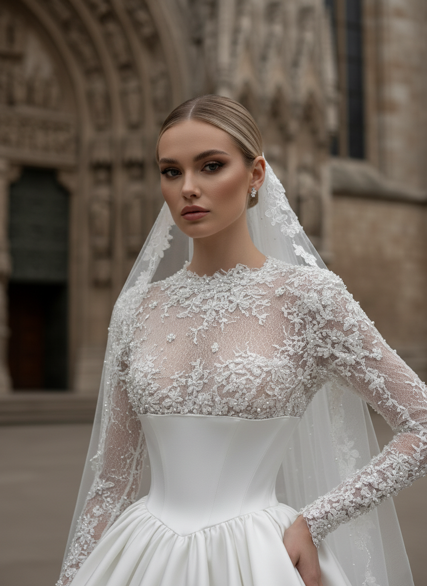 Ethereal Lace Long-Sleeve Wedding Gown with Satin Corset