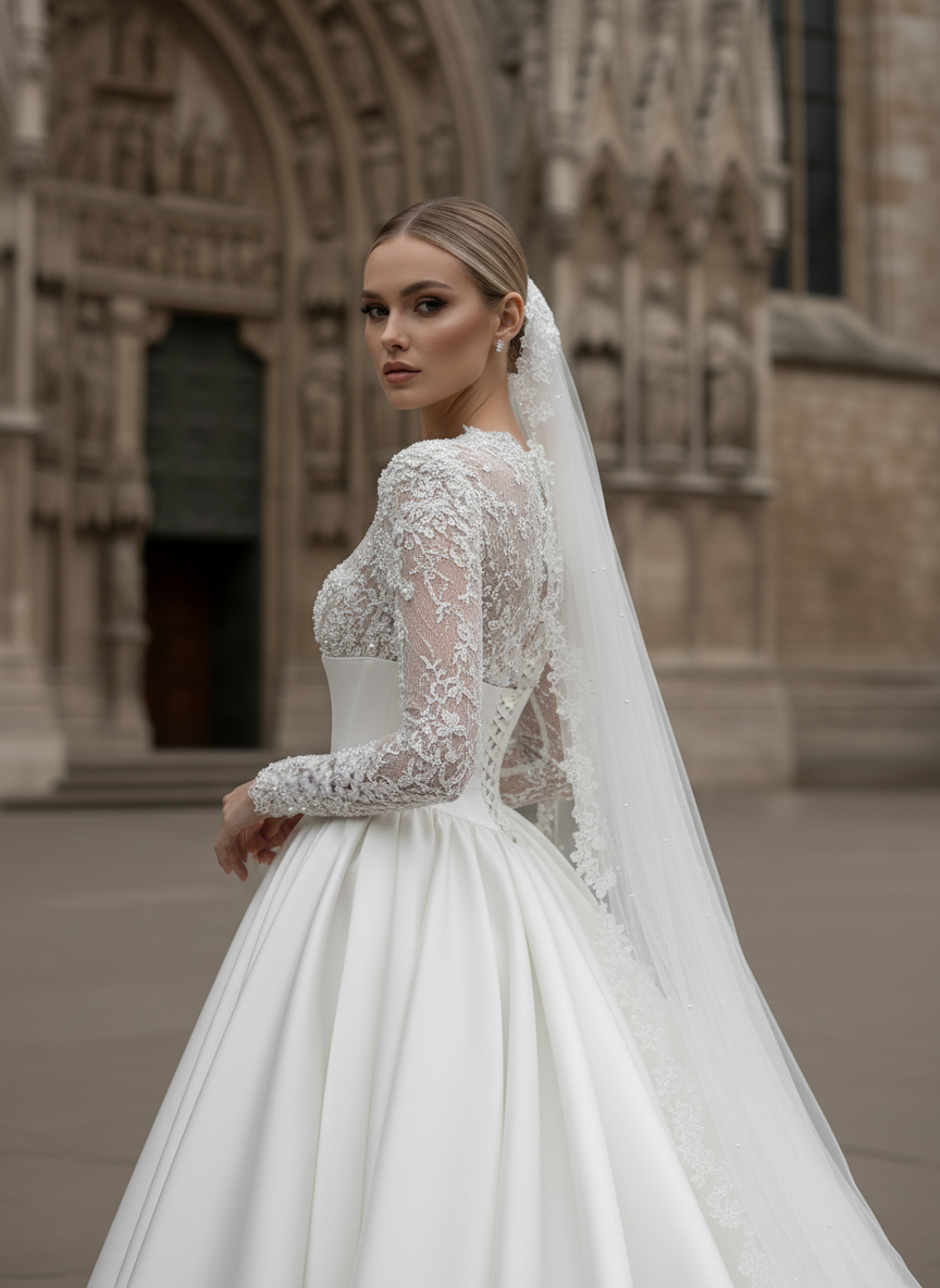 Ethereal Lace Long-Sleeve Wedding Gown with Satin Corset