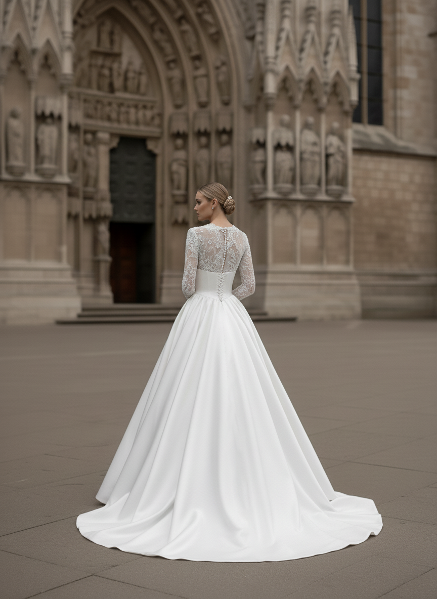 Ethereal Lace Long-Sleeve Wedding Gown with Satin Corset